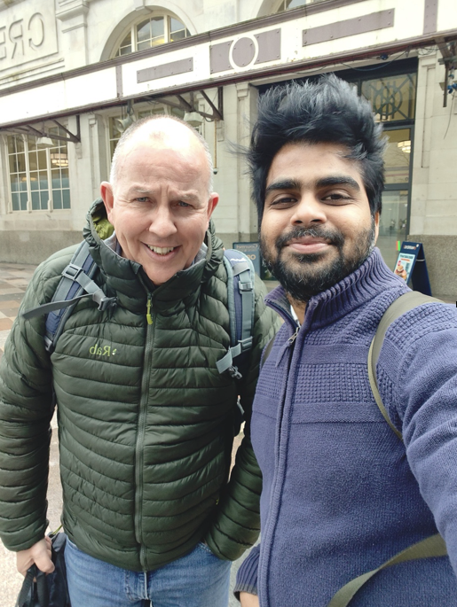 Dr Akash Raut and BTD Managing Director Steve Chapman next to Cardiff Castle on the day of his return home to India